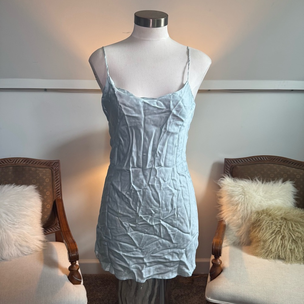 Vintage 90s Victoria’s Secret Light Baby Blue Silk Mini Slip Dress, Gold Label